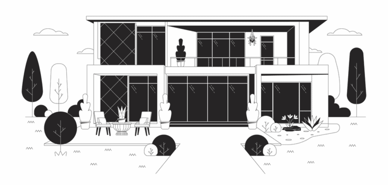 Dibujo de casa moderna con jardín minimalista