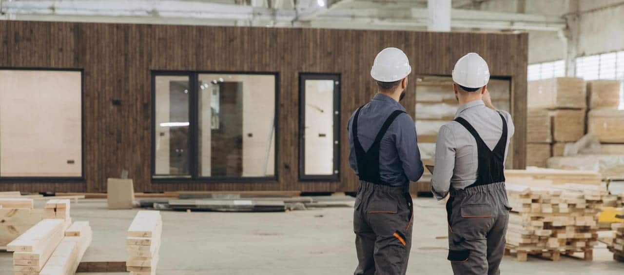Trabajadores inspeccionando construcción modular en fábrica