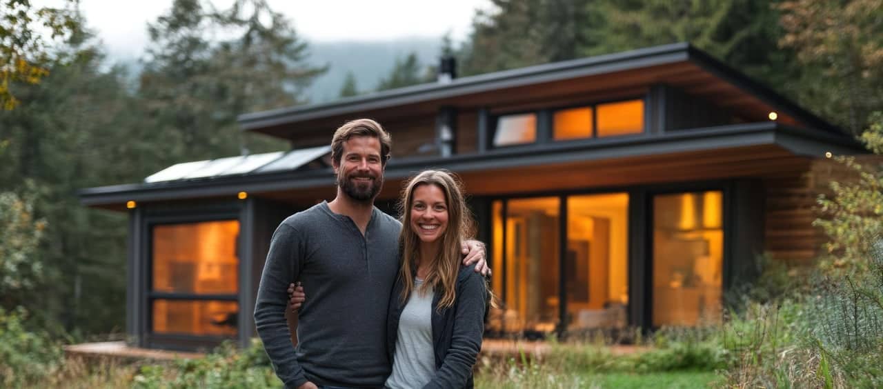 Pareja feliz frente a casa moderna en el bosque.
