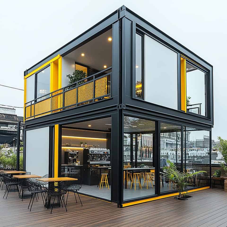 Cafetería moderna de dos pisos con terraza exterior.